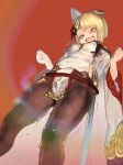  2equal8 animal_ears blonde_hair blush brown_eyes cameltoe detached_sleeves from_below granblue_fantasy highres japanese_clothes pantyhose pussy_juice sash scabbard sheath solo sweat vajra_(granblue_fantasy) wet wet_clothes 