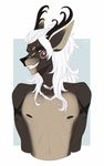  anthro antlers bardju cervine deer fangs horn male mammal nipples nude simple_background smile solo teeth 