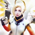  black_gloves blonde_hair blue_eyes blurry bodysuit breastplate commentary depth_of_field derivative_work gloves gun hand_up handgun headgear high_ponytail holding holding_gun holding_weapon irakli_nadar lips lipstick long_sleeves looking_at_viewer makeup mechanical_halo mechanical_wings mercy_(overwatch) nose overwatch parted_lips photo-referenced pink_lips pink_lipstick ponytail realistic short_hair smile solo spread_wings turtleneck upper_body weapon wings yellow_wings 
