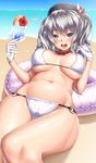  :d beach beret bikini blue_eyes blue_hawaii breasts commentary_request gloves hat highres kantai_collection kashima_(kantai_collection) keita_(tundereyuina) large_breasts o-ring o-ring_bikini open_mouth silver_hair smile solo swimsuit tropical_drink two_side_up white_bikini 
