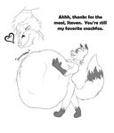  &lt;3 2013 5_fingers anthro bandanna belly_expansion blush canine dialogue digital_media_(artwork) digitigrade duo english_text eyes_closed facial_markings fenrisulfr fluffy fluffy_tail fox gloves_(marking) hand_on_stomach hi_res inflation internal licking licking_lips male mammal markings monochrome navel nude post_vore simple_background socks_(marking) text tongue tongue_out vore walking white_background 