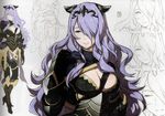  armor black_armor black_panties boots breasts camilla_(fire_emblem_if) cleavage concept_art fire_emblem fire_emblem_if full_body gauntlets gloves high_heel_boots high_heels highres kozaki_yuusuke large_breasts lavender_hair lineart lips long_hair multiple_views non-web_source official_art panties profile simple_background thighhighs tiara underwear wavy_hair 