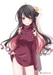  bare_shoulders black_hair blush clothes_lift commentary_request grin kantai_collection long_hair looking_at_viewer mikage_takashi multicolored_hair naganami_(kantai_collection) panties pink_hair ribbed_sweater side-tie_panties smile solo sweater sweater_lift turtleneck underwear yellow_eyes 