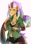  2016 anthro bracelet brown_scales clothed clothing digital_media_(artwork) ear_piercing female fur gold_fur hair hi_res hihikori horn iridescent_hair jewelry kirin looking_at_viewer necklace piercing ring scales serine smile solo 