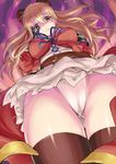  alternate_eye_color bangs belt black_bow black_legwear blonde_hair blue_ribbon bow breasts cameltoe dress empty_eyes eyebrows eyebrows_visible_through_hair from_below gauntlets granblue_fantasy hair_between_eyes hair_bow hand_on_own_cheek hand_on_own_face highres kztk long_hair looking_at_viewer looking_down loose_belt medium_breasts panties ponytail red_dress ribbon shaded_face side-tie_panties solo thighhighs underwear upskirt vira_lilie white_panties yellow_eyes 