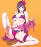  artist_name bikini blush breasts fate/grand_order fate_(series) feet flower hair_flower hair_ornament hibiscus highres large_breasts leg_up long_hair looking_at_viewer navel purple_hair purple_sarong red_eyes sarong sarong_lift scathach_(fate)_(all) scathach_(swimsuit_assassin)_(fate) sitting smile solo spread_legs sweat swimsuit thigh_strap twitter_username utu_(ldnsft) very_long_hair 