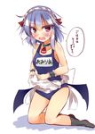  absurdres apron bat_wings blue_hair blush choker collarbone fang highres kneeling kuzumomo maid_apron maid_headdress open_mouth red_eyes remilia_scarlet school_swimsuit solo swimsuit tears touhou waist_apron wavy_mouth white_background wings wrist_cuffs 