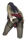  ass back bad_id bad_pixiv_id black_hair black_legwear black_panties blazer cowboy_shot cropped_legs crotch_seam dressing facing_away from_behind from_below highres jacket kurihara_mari_(prison_school) leaning_forward long_hair long_sleeves miniskirt nakabayashi_reimei panties panties_under_pantyhose pantyhose pantyhose_pull plaid plaid_skirt pleated_skirt prison_school red_skirt school_uniform shiny shiny_clothes shirt simple_background skirt skirt_lift solo thighband_pantyhose torn_clothes torn_legwear underwear white_background white_shirt 