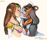  2girls artist_name blue_skin blush breasts brown_hair eyes_closed hood kiss midna mina_cream multiple_girls nipples pointy_ears princess_zelda red_hair the_legend_of_zelda:_twilight_princess web_address 