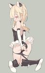  :o animal_ears bare_shoulders black_footwear black_panties blade_(galaxist) blonde_hair blush boots breasts cat_ears copyright_request covering covering_ass demon_tail detached_sleeves embarrassed flying_sweatdrops full_body grey_background knee_boots kneeling kneepits knees_together_feet_apart long_hair long_sleeves looking_back no_pupils open_mouth panties panty_pull pointy_ears red_eyes simple_background skirt small_breasts solo tail underwear white_skirt 