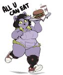  anthro beverage big_breasts black_hair breasts burger cat catty_(undertale) clothing english_text eyelashes fangs feline food footwear fur hair legwear mammal mangneto multicolored_hair overalls platter purple_fur purple_hair shoes simple_background slightly_chubby smile socks soda solo text two_tone_hair undertale video_games white_background yellow_eyes 