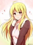  2015 blonde_hair collarbone dated eyebrows eyebrows_visible_through_hair heart hoshii_miki idolmaster idolmaster_(classic) jewelry kiu_(dear_deer) long_hair looking_at_viewer necklace necktie smile solo upper_body yellow_eyes 