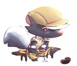  anthro barefoot biting_lip blush chibi clothed clothing erection featureless_arms front_view improvised_sex_toy kicks_(animal_crossing) mammal masturbation one_leg_up overalls pants_down partially_clothed plantigrade precum precum_string sitting skunk yamamoto 