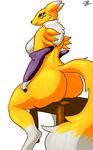  big_butt breasts butt clothing digimon digitigrade facial_markings fur gloves j5furry markings renamon solo table yellow_fur 