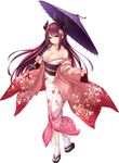 bare_shoulders brave_girl_ravens breasts cleavage eles_(brave_girl_ravens) floral_print flower full_body hair_flower hair_ornament horns japanese_clothes kimono large_breasts long_hair looking_at_viewer obi official_art red_eyes red_hair sandals sash simple_background siva_(executor) smile solo standing tabi umbrella white_background wide_sleeves 