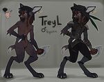  4_toes 5_fingers anthro black_hair black_lips black_nose brown_eyes clothed clothing digitigrade dreadlocks ear_piercing featureless_crotch fur grey_fur hair hioshiru holding_object holding_weapon hyena male mammal model_sheet nude piercing scar simple_background solo standing teeth toes weapon 