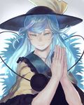  :&gt; alternate_hair_length alternate_hairstyle aqua_eyes aqua_hair closed_mouth frills half-closed_eyes hands_together hat komeiji_koishi long_hair sabiirodoramu solo third_eye touhou wide_sleeves 