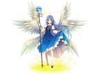  angel angel_wings bangs blue_dress blue_footwear blue_hair blush breasts brooch cross dress eyebrows eyebrows_visible_through_hair feathered_wings feathers full_body highres jewelry jiji_(381134808) legs_apart light_particles long_hair looking_at_viewer multiple_wings neck_ribbon red_eyes red_ribbon ribbon sariel seraph shoes simple_background skirt_hold small_breasts smile solo sphere staff standing touhou touhou_(pc-98) very_long_hair white_background white_wings wide_sleeves wings 