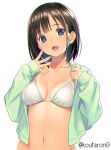  1girl :d bangs bikini bikini_tan black_hair blue_eyes breasts collarbone commentary_request eyebrows_visible_through_hair green_jacket head_tilt jacket koutaro long_sleeves looking_at_viewer medium_breasts navel open_clothes open_jacket original puffy_long_sleeves puffy_sleeves simple_background sleeves_past_wrists smile solo swimsuit tan tanlines twitter_username upper_body white_background white_bikini 