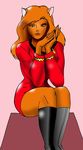  2008 anthro boots brown_hair caitian clothing dress feline female footwear hair hi_res inspector97 looking_at_viewer m&#039;ress mammal pink_background simple_background sitting smile solo star_trek_the_animated_series yellow_eyes 