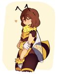  androgynous antennae bee_costume between_legs blush brown_hair caribun closed_eyes fake_antennae frisk_(undertale) fur_collar fur_gloves gloves hand_between_legs hand_on_own_arm heart highres insect_wings leotard simple_background smile solo undertale white_background wings yellow_leotard 