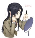  applying_makeup bad_id bad_pixiv_id black_eyes black_hair blazer breasts cropped_torso eyelashes heart highres holding jacket kurihara_mari_(prison_school) long_hair long_sleeves makeup mascara mascara_wand medium_breasts miniskirt mirror nakabayashi_reimei neck_ribbon parted_lips pleated_skirt prison_school red_ribbon ribbon school_uniform shirt simple_background skirt solo translation_request upper_body white_background white_shirt 