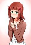  amami_haruka bow brown_hair collarbone eyebrows eyebrows_visible_through_hair green_eyes hair_bow hands_clasped idolmaster idolmaster_(classic) kiu_(dear_deer) looking_at_viewer own_hands_together red_bow short_hair solo 