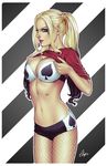  ace_of_spades black_hair blonde_hair blue_eyes bra breasts cleavage cowboy_shot dc_comics elias_chatzoudis fishnet_pantyhose fishnets gradient harley_quinn highres large_breasts lips lipstick long_hair makeup mascara midriff navel nose pantyhose runny_makeup shirt_lift short_shorts shorts solo suicide_squad twintails underwear 