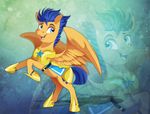  armor blue_eyes blue_hair dennyvixen equine feathered_wings feathers feral flash_sentry_(mlp) friendship_is_magic fur hair hooves male mammal my_little_pony open_mouth orange_feathers orange_fur pegasus smile solo standing teeth tongue wings 