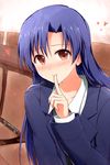  blue_hair brown_eyes collarbone finger_to_mouth heart idolmaster idolmaster_(classic) index_finger_raised kisaragi_chihaya kiu_(dear_deer) long_hair looking_at_viewer smile solo sweat upper_body 