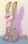  2016 absurd_res anthro areola breasts buckteeth crombie disney eyes_closed female fur hi_res judy_hopps kneeling lagomorph mammal nipples nude open_mouth rabbit saliva simple_background solo teeth tongue tongue_out zootopia 