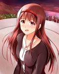  alternate_hair_length alternate_hairstyle brown_eyes brown_hair collarbone hairband heart heart_necklace idolmaster idolmaster_million_live! jewelry kiu_(dear_deer) long_hair necklace open_mouth outdoors red_hairband solo tanaka_kotoha tears upper_body 