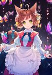  :3 animal_ears apron bell bell_choker blurry bow bowtie brown_hair bug buttercup_(flower) butterfly buttons cat_ears cat_tail choker depth_of_field double_bun flower frilled_apron frilled_sleeves frills green_eyes hair_flower hair_ornament highres insect lily_of_the_valley lips looking_at_viewer momoshiki_tsubaki nail_polish original shirt skirt skirt_hold slit_pupils solo sparkle tail tail_bow waist_apron whiskers white_shirt 