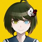  ahoge alternate_eye_color bad_id bad_pixiv_id blue_eyes brown_hair danganronpa green_eyes hair_ornament hairclip heterochromia highres looking_at_viewer monokuma naegi_komaru school_uniform serafuku short_hair smile solo xun_ye zettai_zetsubou_shoujo 