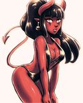  bangs black_hair black_swimsuit breasts cleavage commentary demon_girl demon_horns demon_tail earrings eyebrows hands_on_own_knees horns iahfy jewelry long_hair medium_breasts original pointy_ears ponytail red_skin scar scar_across_eye sidelocks slingshot_swimsuit solo swimsuit synth_(iahfy) tail yellow_eyes 