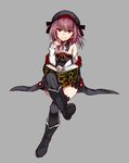  absurdres bare_shoulders black_legwear book boots commentary_request crossed_legs dress fate/grand_order fate_(series) flat_chest full_body hat helena_blavatsky_(fate/grand_order) highres jpeg_artifacts looking_at_viewer nagatsuki_take purple_eyes purple_hair ribbed_legwear short_hair sitting smile solo strapless tree_of_life white_sleeves 