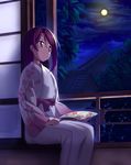  absurdres brown_eyes brown_hair fan highres holding holding_fan japanese_clothes kimono long_hair love_live! love_live!_sunshine!! moon night poligon_(046) sakurauchi_riko sitting solo 