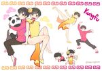  :3 :d brothers brown_eyes brown_hair china_dress chinese_clothes crossdressing dress fighting_stance flower hair_flower hair_ornament heart heart_in_mouth high_heels kung_fu male_focus matsuno_juushimatsu matsuno_todomatsu multiple_boys nightcat open_mouth osomatsu-kun osomatsu-san panda pose siblings sitting smile 