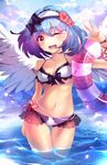  ;d artist_name ass_visible_through_thighs bangs bare_shoulders bikini black_bow blue_hair blue_sky blush bow breasts breasts_apart character_request cloud cloudy_sky collarbone contrapposto cowboy_shot day eyebrows eyebrows_visible_through_hair feathered_wings hair_bow hairband hand_up heart heart-shaped_pupils highres innertube lace lace-trimmed_bikini medium_breasts midriff navel ocean one_eye_closed open_mouth original phyrnna red_ribbon ribbon sarong short_hair sky smile solo spread_wings squchan standing stomach swimsuit symbol-shaped_pupils thighhighs v wading water watermark web_address white_bikini wings yellow_eyes 