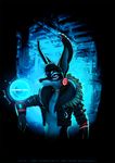  anthro black_hair black_nose blue_theme clothed clothing hair headphones long_ears malakhael male mammal red_eyes solo technology 