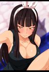  armpits artist_name black_hair blush breasts cleavage collarbone fairy_tail frown gaston18 hair_ribbon highres kagura_mikazuchi large_breasts letterboxed long_hair ribbon solo tank_top 