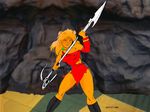  2006 angry anthro blonde_hair boots caitian clothing collar dress feline female footwear hair holding_object holding_weapon inspector97 m&#039;ress mammal melee_weapon polearm solo spear star_trek_the_animated_series torn_clothing weapon yellow_eyes 