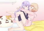  barefoot bed blonde_hair blue_eyes blush eye_contact flower hair_bobbles hair_flower hair_ornament highres jacket leng_xiao long_hair looking_at_another multiple_girls new_game! panties purple_eyes purple_hair sakura_nene short_hair suzukaze_aoba twintails underwear yuri 