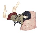  bad_id bad_pixiv_id bare_legs barefoot black_eyes black_hair blazer breasts full_body heart heart_print highres jacket kurihara_mari_(prison_school) legs_up long_hair long_sleeves looking_at_viewer lying medium_breasts miniskirt nakabayashi_reimei on_stomach pillow pillow_hug plaid plaid_skirt pleated_skirt pout print_pillow prison_school red_skirt school_uniform simple_background skirt soles solo white_background 