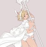  :o animal_ears ass blonde_hair breasts brown_eyes bunny_ears bunny_tail cape cleavage cowboy_shot djeeta_(granblue_fantasy) fake_animal_ears fake_tail flat_ass flower from_behind granblue_fantasy hair_flower hair_ornament hairband holding koza_game leotard looking_back open_mouth puffy_short_sleeves puffy_sleeves purple_background sage_(granblue_fantasy) short_hair short_sleeves simple_background small_breasts solo staff tail tan tanline 