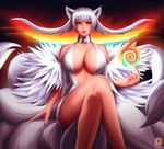  ahri animal_ears breasts center_opening cleavage crossed_legs dress floating_hair fox_ears fox_tail fusion gorget invisible_chair kill_la_kill kiryuuin_ragyou large_breasts laura_post league_of_legends multicolored_hair multiple_tails nail_polish rainbow_hair seiyuu_connection sitting solo svoidist tail whisker_markings white_dress 
