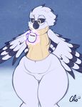  2016 absurd_res amelia_abernachy anthro avian beak bird black_feathers black_sclera clothed clothing cup eyewear feathered_wings feathers female glasses hi_res magic navel nekocrispy owl slightly_chubby snow solo sweater thick_thighs white_feathers wide_hips wings 