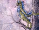  2014 anthro blue_eyes blue_fur blue_hair blue_tail branch casual_nudity claws digitigrade dragon featureless_crotch fur furred_dragon green_fur green_tail hair long_tail long_tongue male multicolored_fur naturally_censored nude open_mouth pink_tongue prehensile_tail renzey ruaidri snow snowing solo toe_claws toes tongue traditional_media_(artwork) tree two_tone_fur two_tone_tail 
