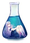  absurdres barefoot brown_eyes finger_to_chin flask full_body highres in_container long_hair minigirl original silver_hair skirt solo submerged tsucchiy 
