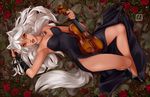  5_fingers clothed clothing dragonfu dress eyelashes female fluffy fluffy_tail hair humanoid jewelry lying musical_instrument necklace orange_eyes smile solo violin white_hair white_skin wide_hips 